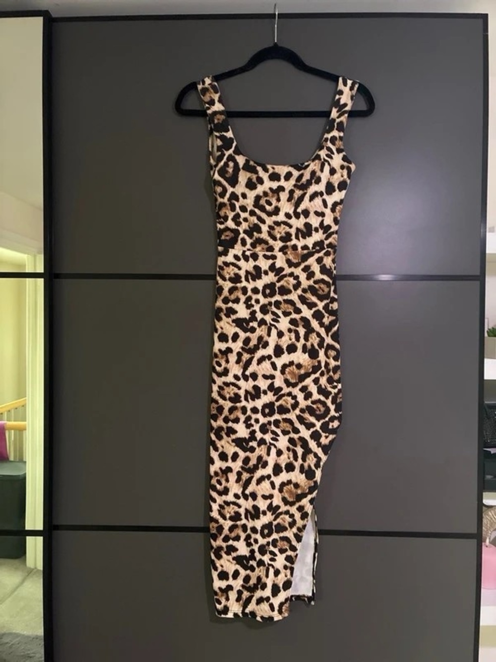 Leopard-Print Midi Bodycon Dress in Beige/Brown